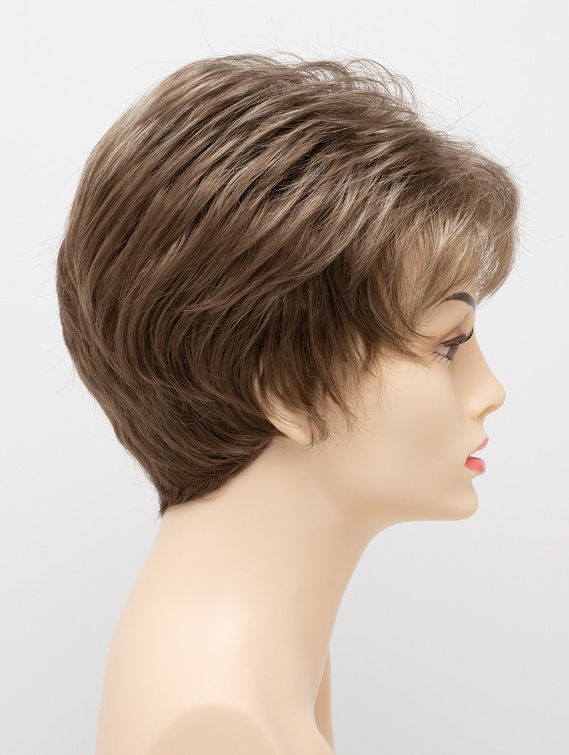 profile side of a short Kinner Beauty Wigs wig on woman head