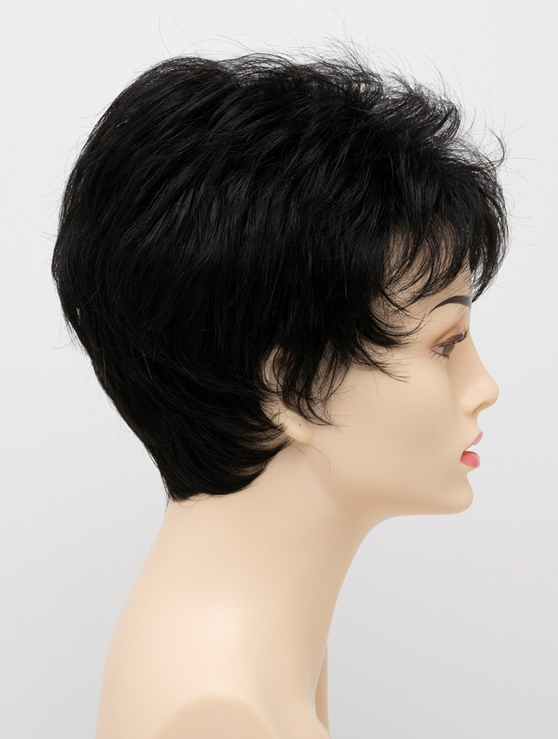 profile side of a short Kinner Beauty Wigs wig on woman head