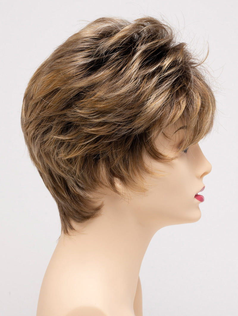 profile side of a short Kinner Beauty Wigs wig on woman head