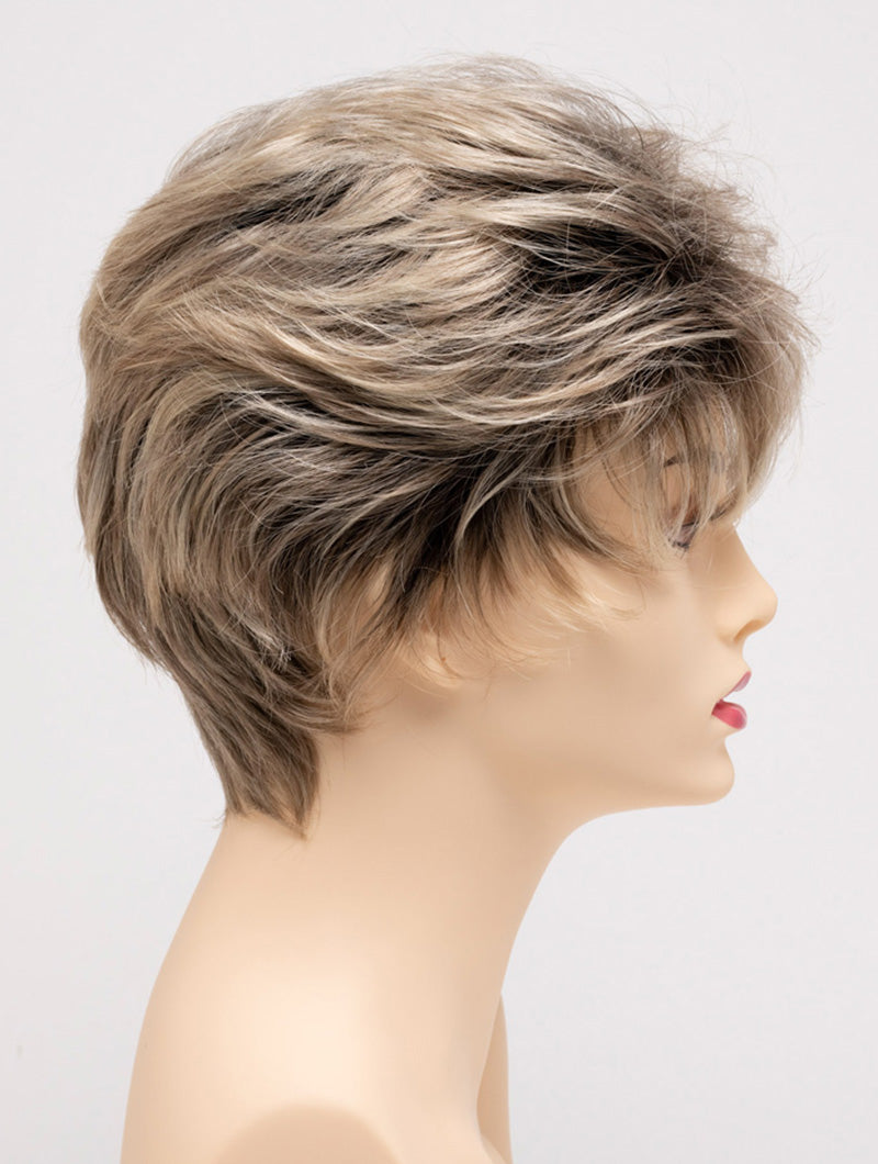 profile side of a short Kinner Beauty Wigs wig on woman head