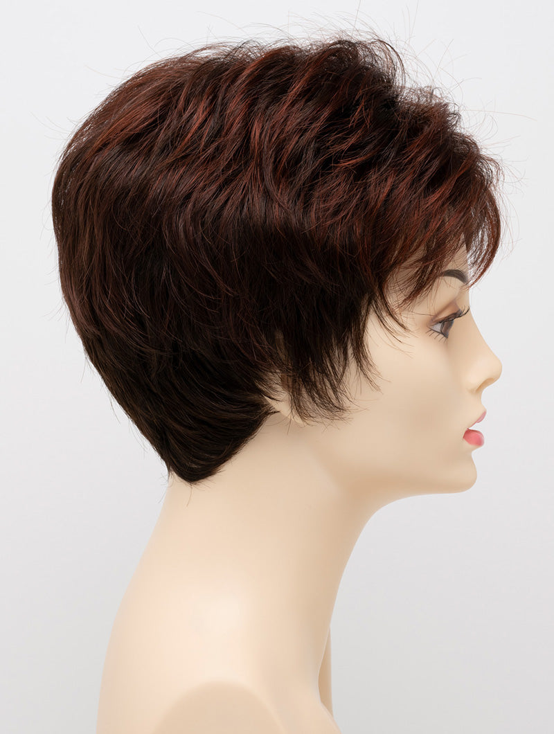 profile side of a short Kinner Beauty Wigs wig on woman head