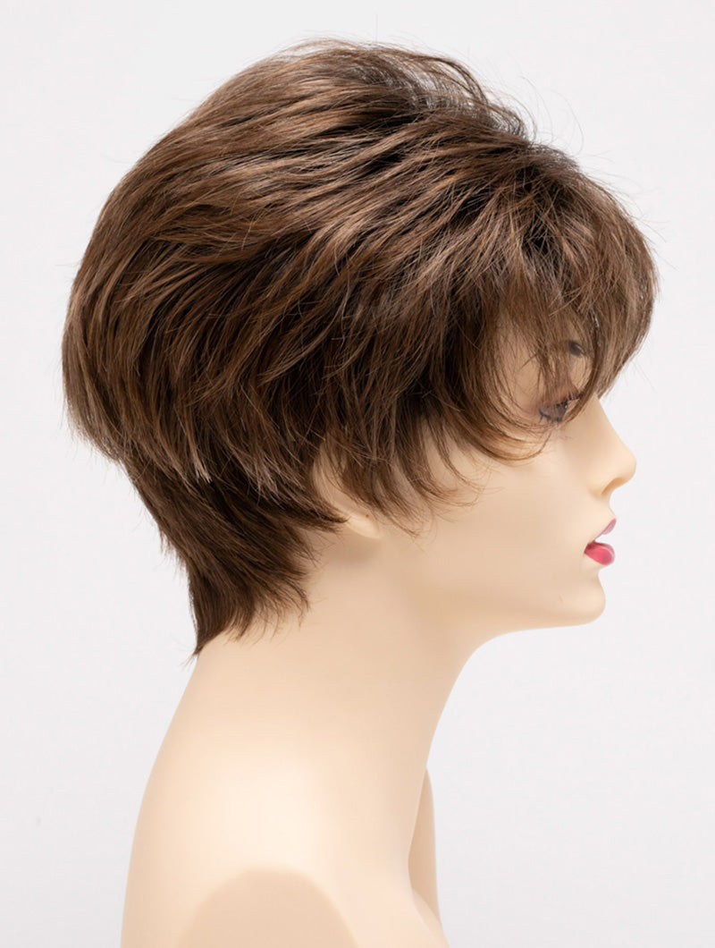 profile side of a short Kinner Beauty Wigs wig on woman head