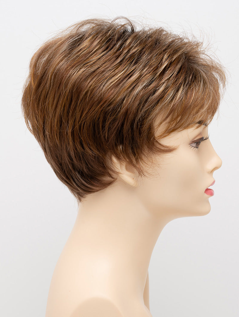 profile side of a short Kinner Beauty Wigs wig on woman head