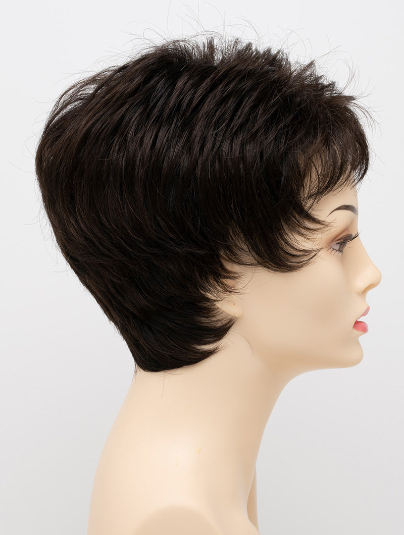 profile side of a short Kinner Beauty Wigs wig on woman head