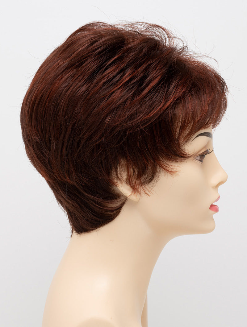 profile side of a short Kinner Beauty Wigs wig on woman head