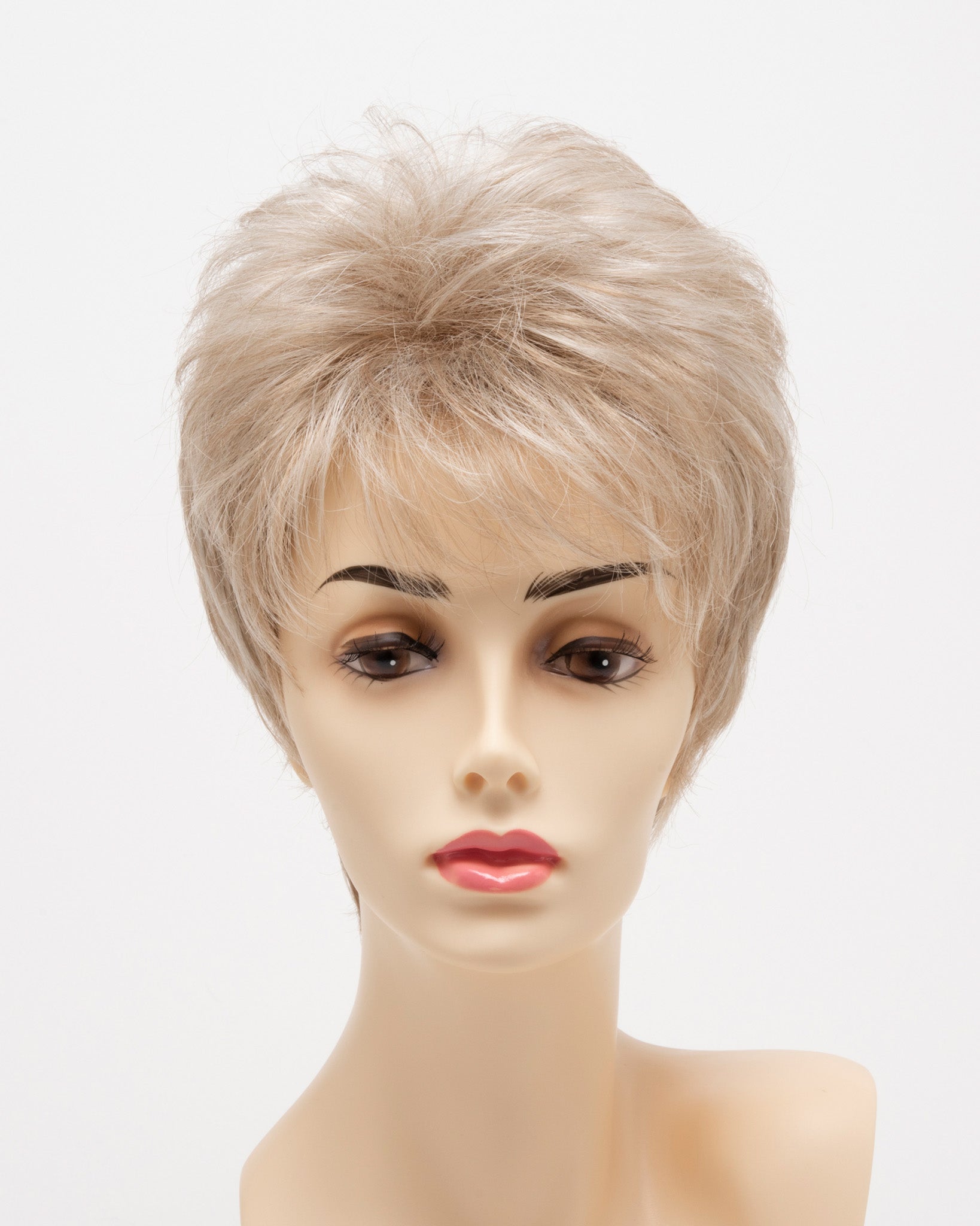 front side of a short Kinner Beauty Wigs wig for woman on mannequin head