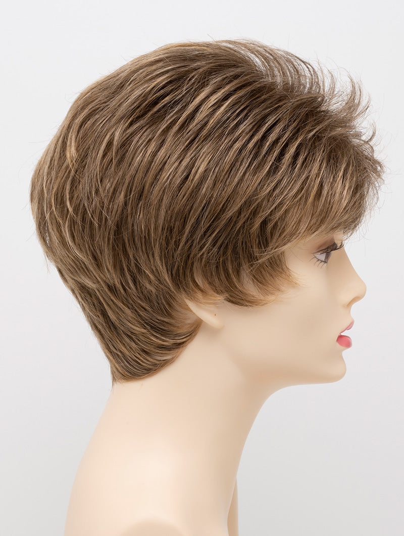 profile side of a short Kinner Beauty Wigs wig on woman head