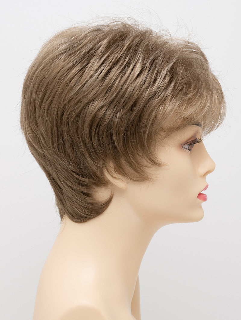 profile side of a short Kinner Beauty Wigs wig on woman head