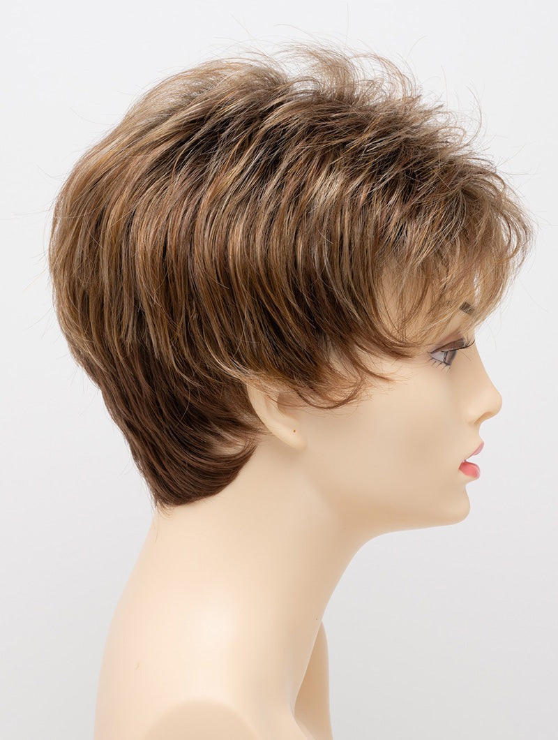 profile side of a short Kinner Beauty Wigs wig on woman head