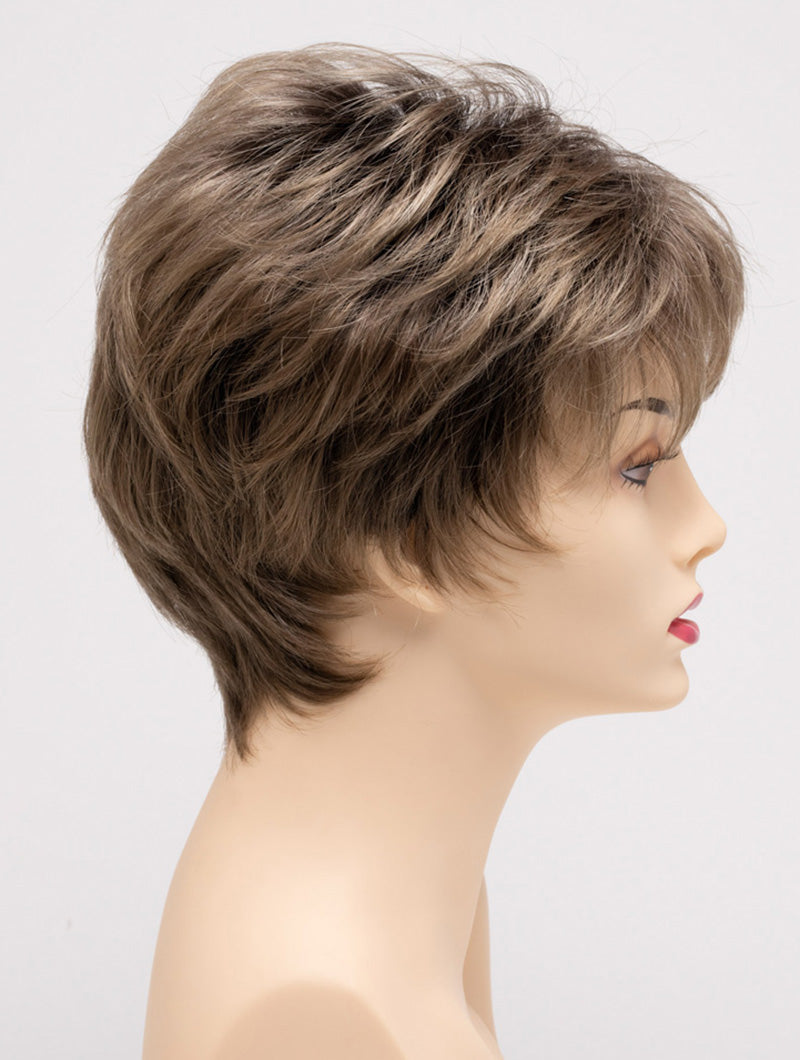 profile side of a short Kinner Beauty Wigs wig on woman head