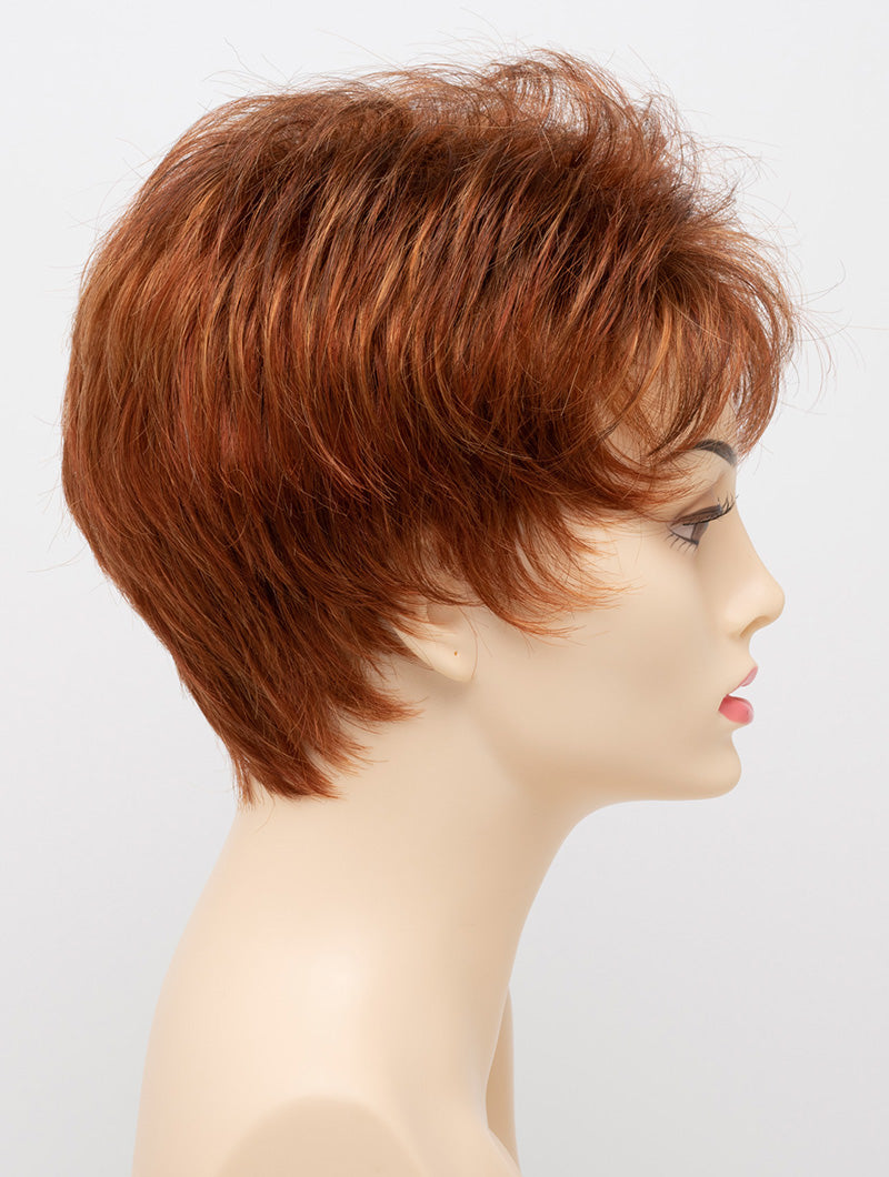 profile side of a short Kinner Beauty Wigs wig on woman head