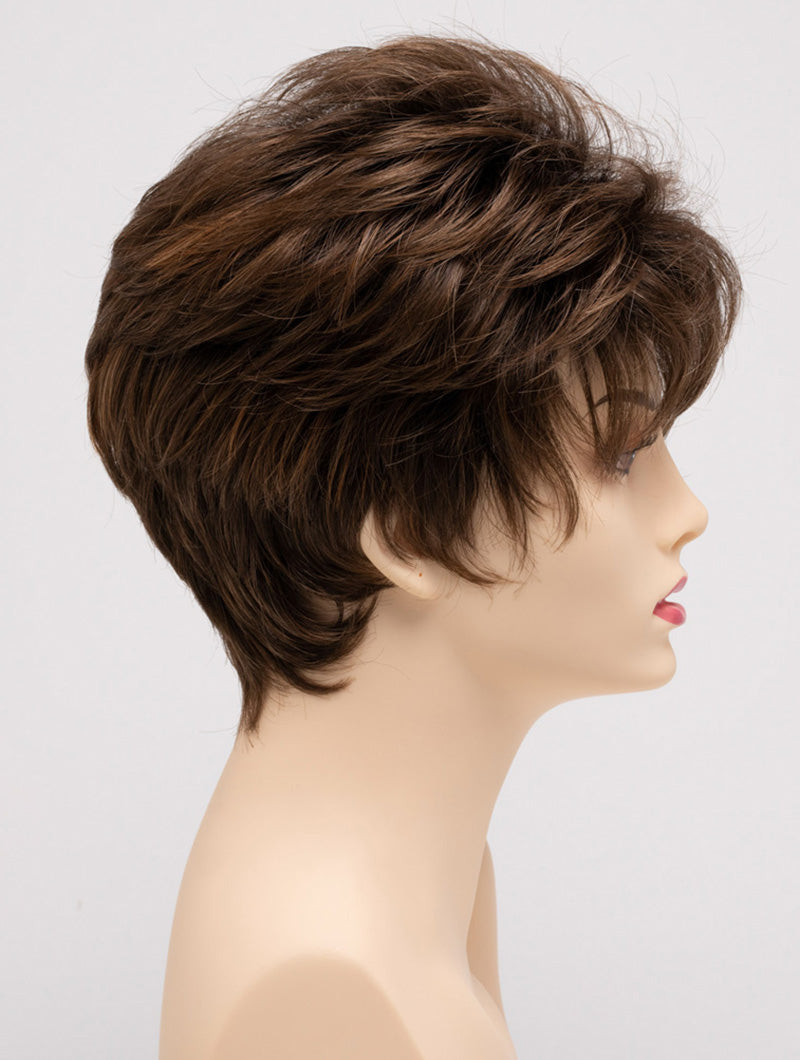 profile side of a short Kinner Beauty Wigs wig on woman head