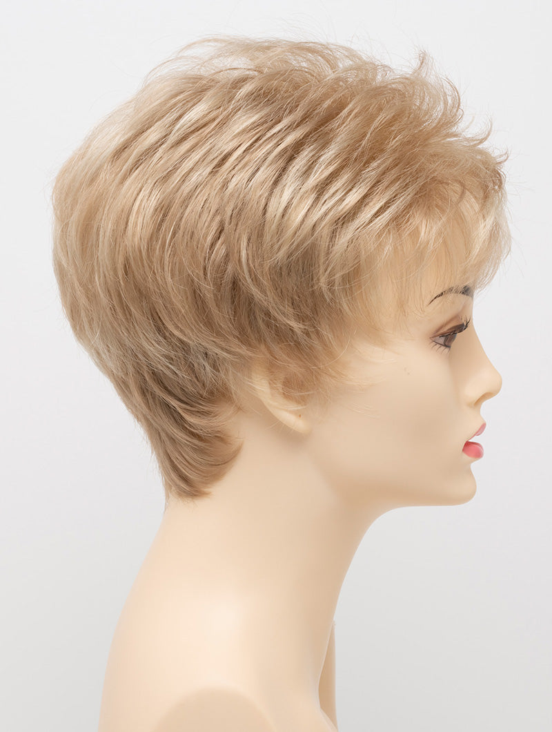 profile side of a short Kinner Beauty Wigs wig on woman head