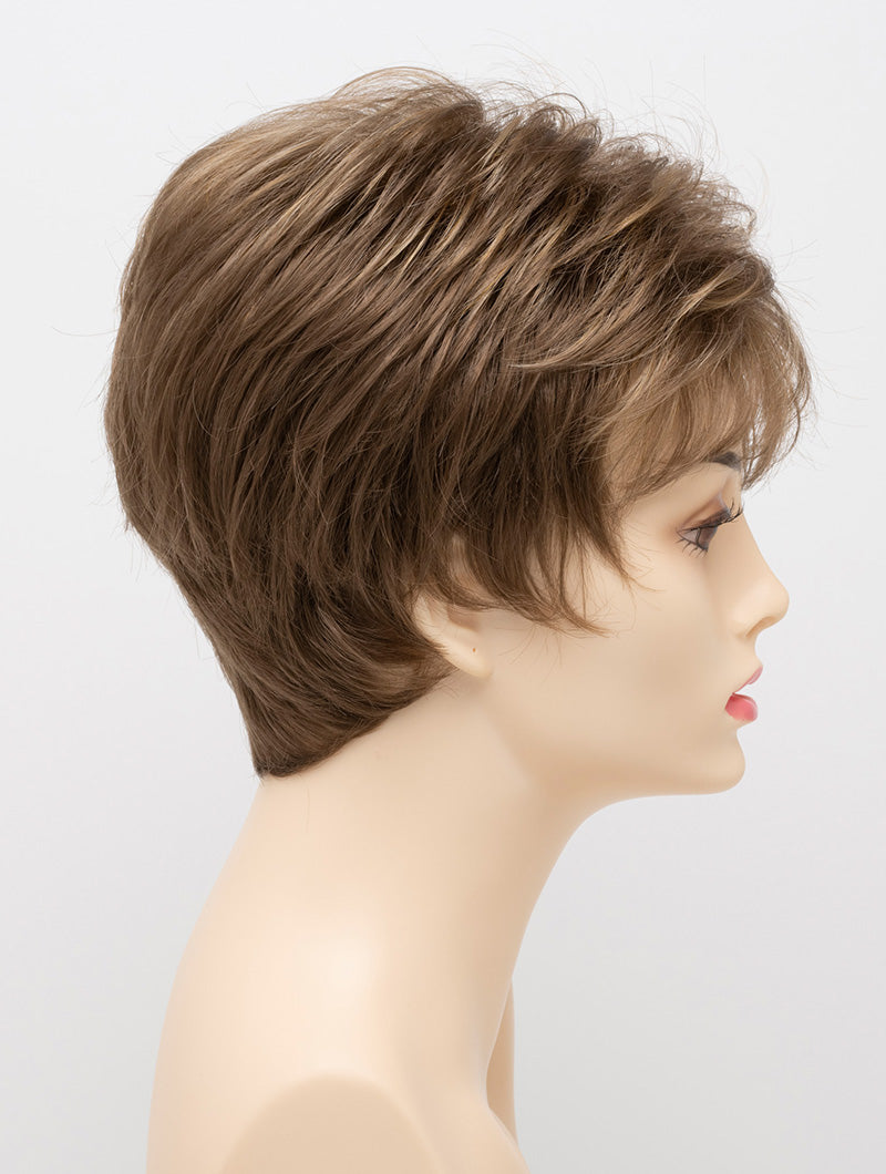 profile side of a short Kinner Beauty Wigs wig on woman head