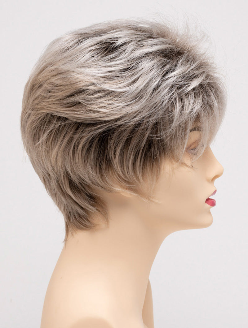 profile side of a short Kinner Beauty Wigs wig on woman head