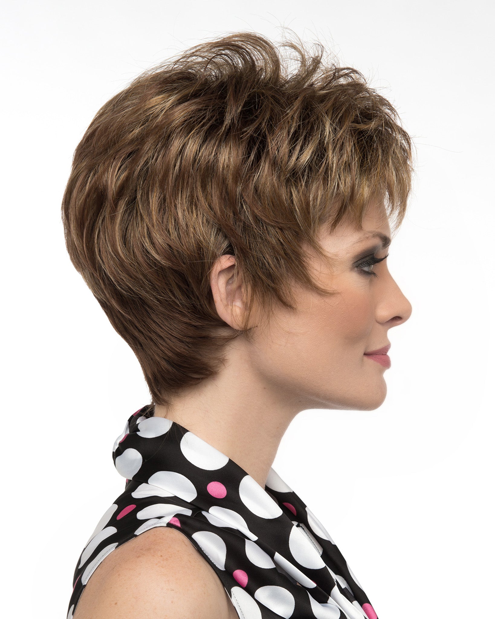 profile side of a short Kinner Beauty Wigs wig on woman head