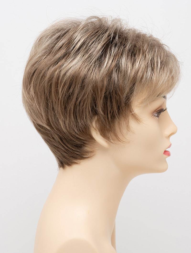 profile side of a short Kinner Beauty Wigs wig on woman head