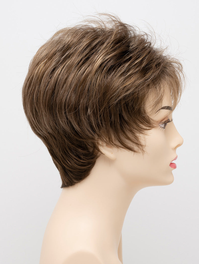 profile side of a short Kinner Beauty Wigs wig on woman head