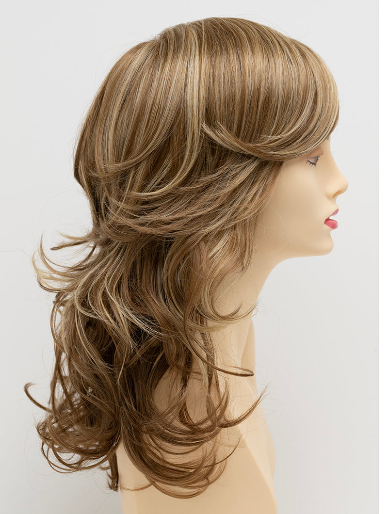 profile side of a long Kinner Beauty Wigs wig for woman on mannequin head