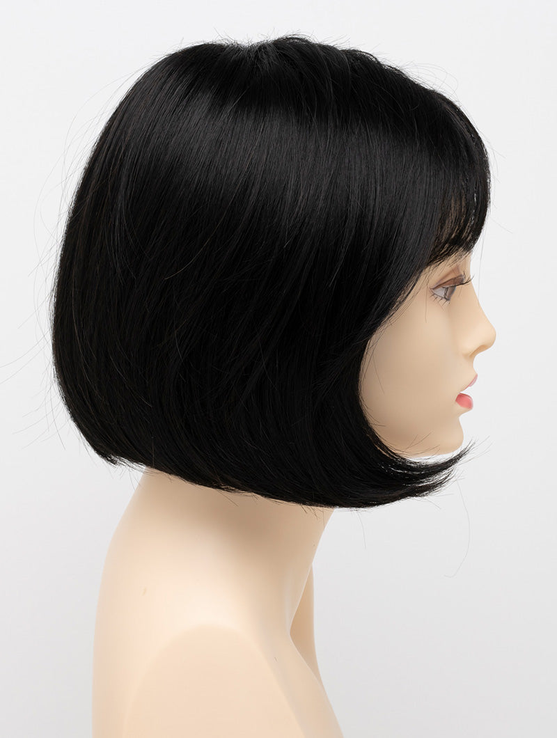 profile side of a short Kinner Beauty Wigs wig on woman head