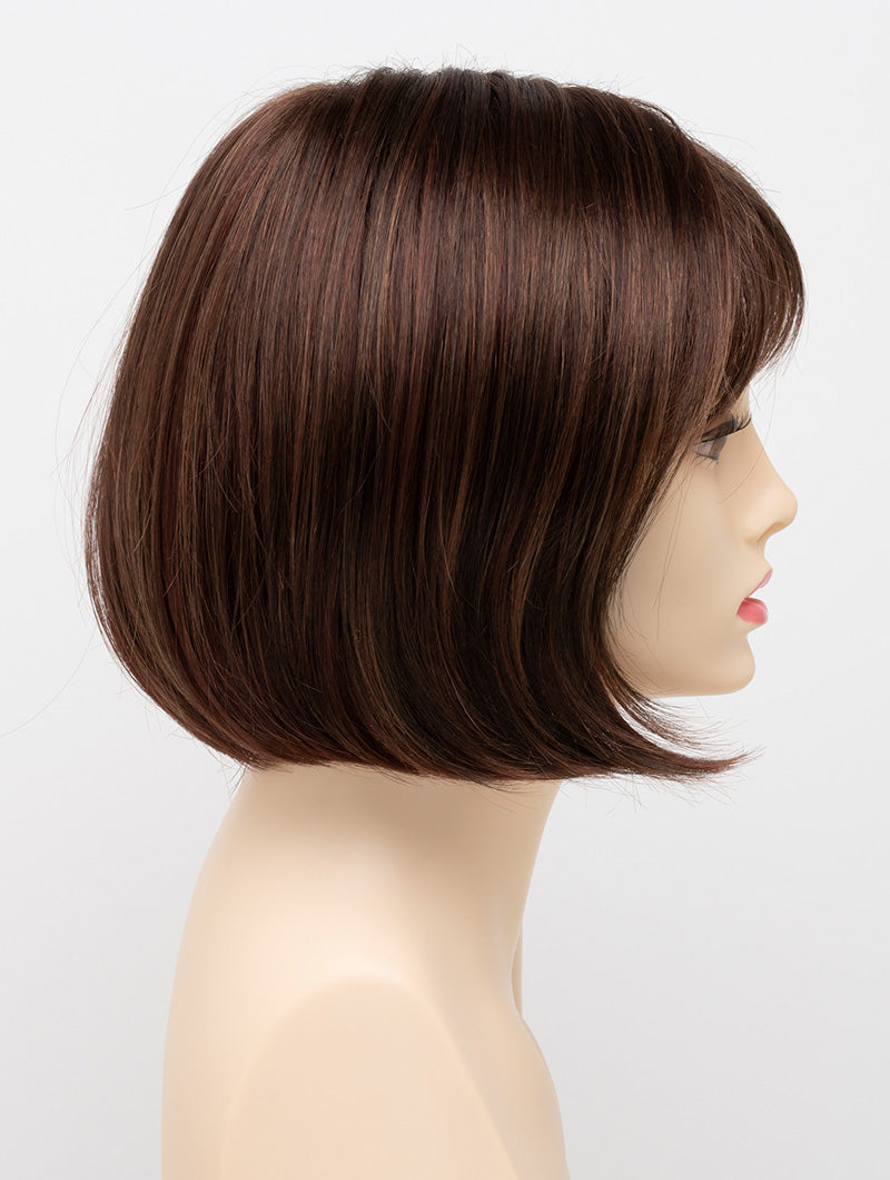 profile side of a short Kinner Beauty Wigs wig on woman head