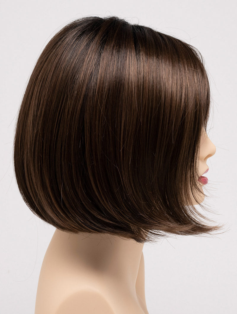 profile side of a short Kinner Beauty Wigs wig on woman head