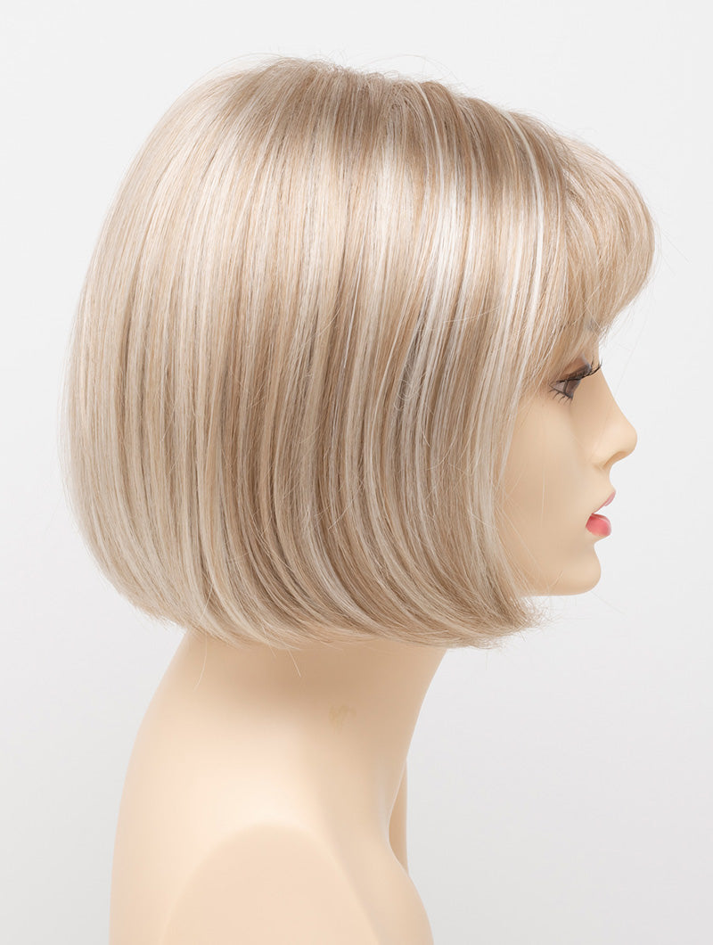 profile side of a short Kinner Beauty Wigs wig on woman head