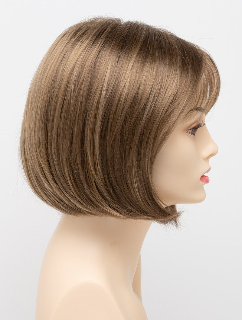 profile side of a short Kinner Beauty Wigs wig on woman head
