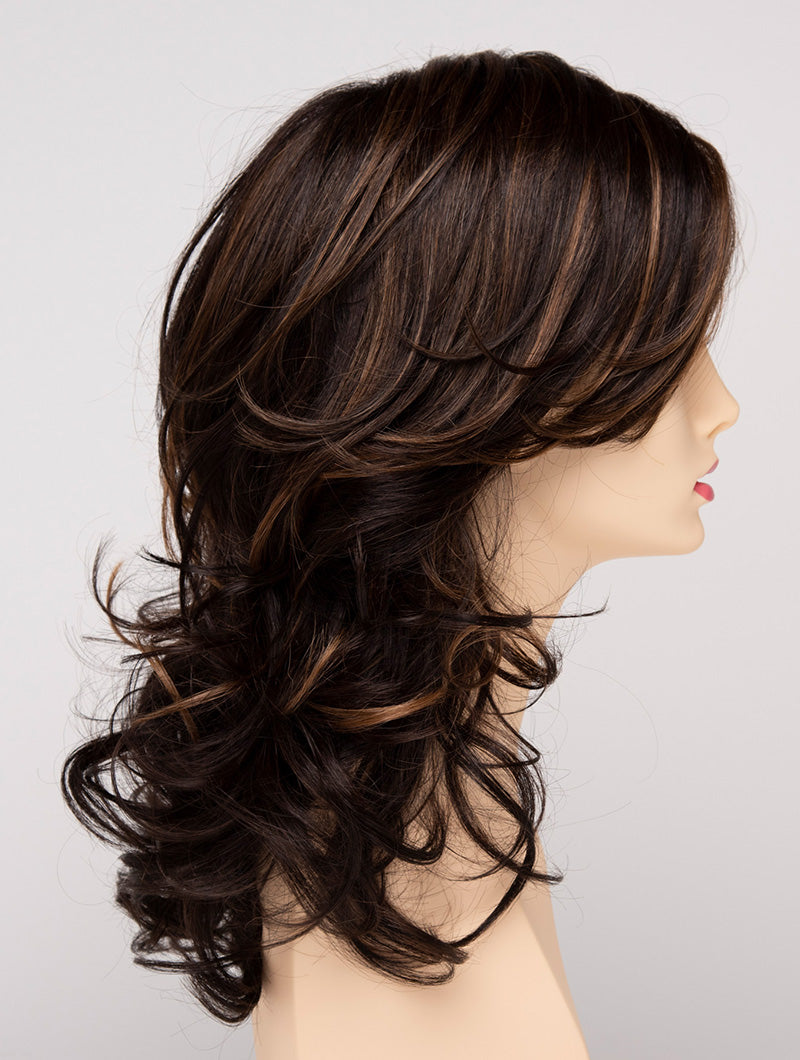 profile side of a long Kinner Beauty Wigs wig for woman on mannequin head