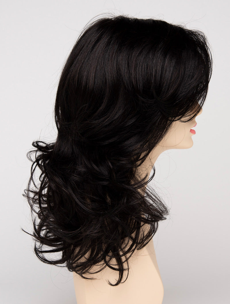 profile side of a long Kinner Beauty Wigs wig for woman on mannequin head