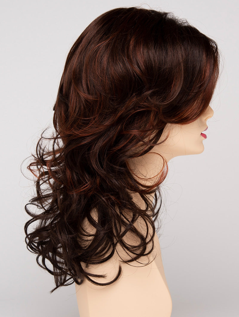 profile side of a long Kinner Beauty Wigs wig for woman on mannequin head