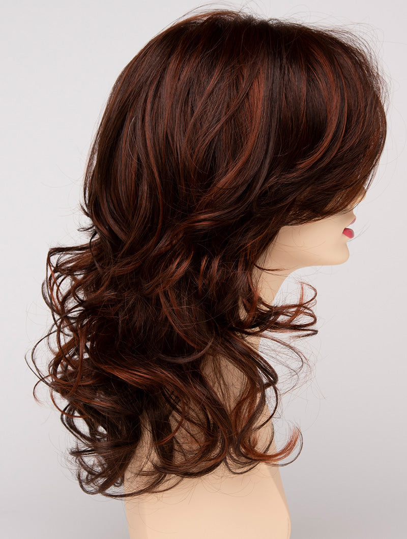 profile side of a long Kinner Beauty Wigs wig for woman on mannequin head