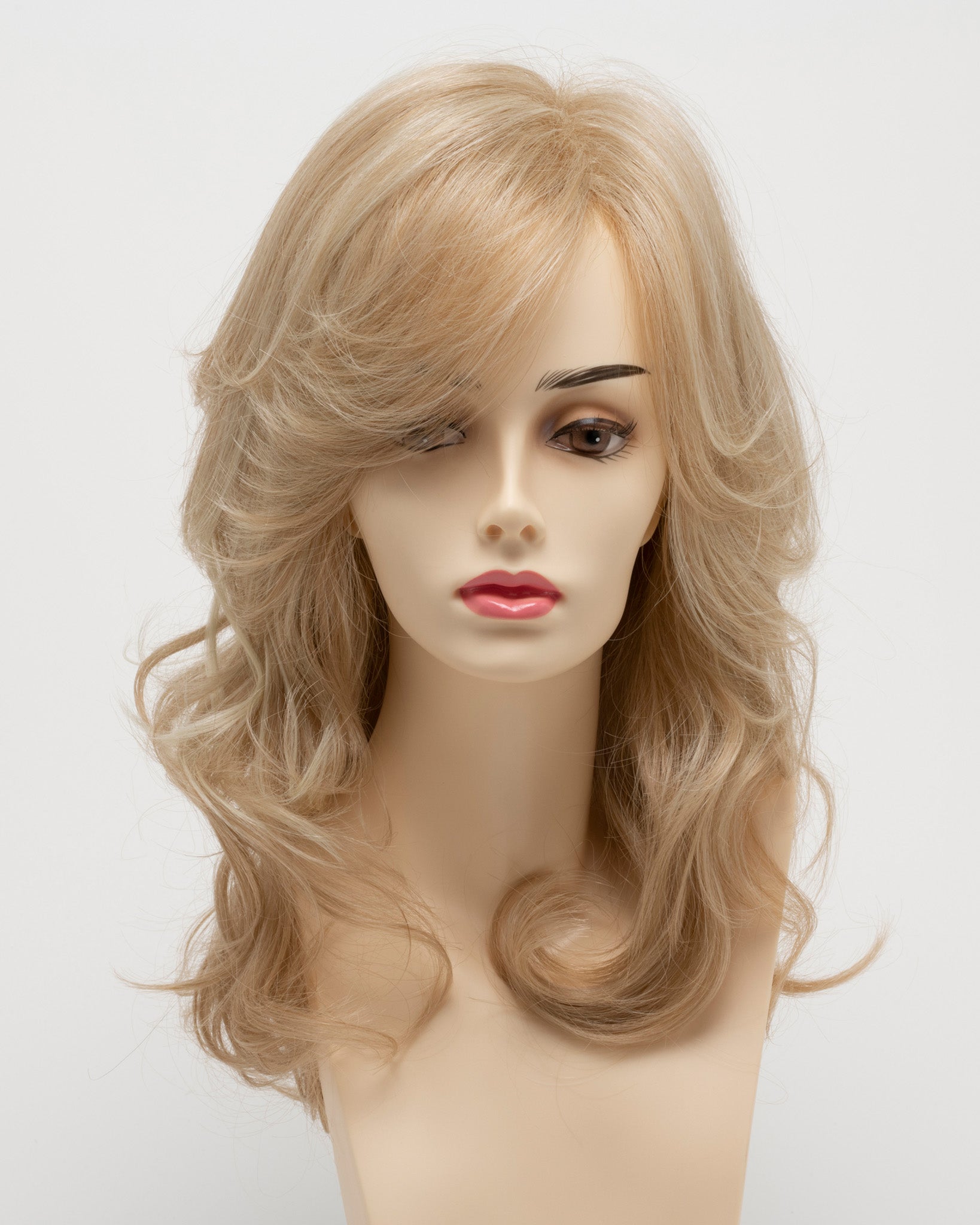 front side of a long Kinner Beauty Wigs wig for woman on mannequin head