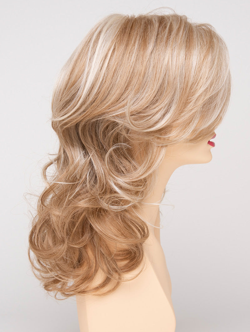 profile side of a long Kinner Beauty Wigs wig for woman on mannequin head