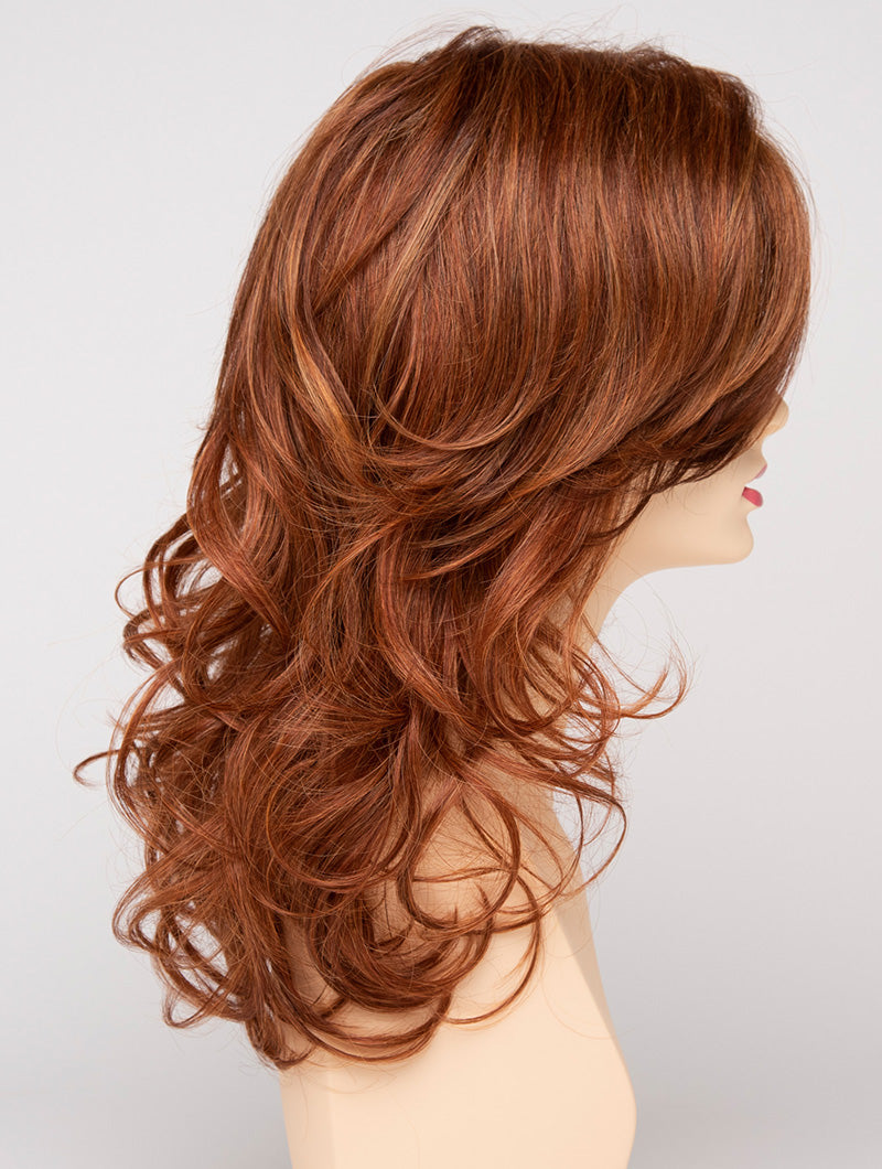 profile side of a long Kinner Beauty Wigs wig for woman on mannequin head