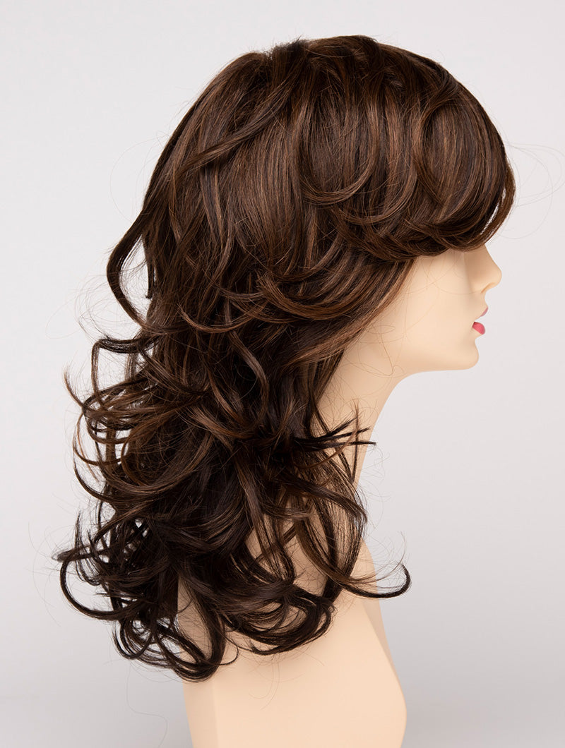 profile side of a long Kinner Beauty Wigs wig for woman on mannequin head