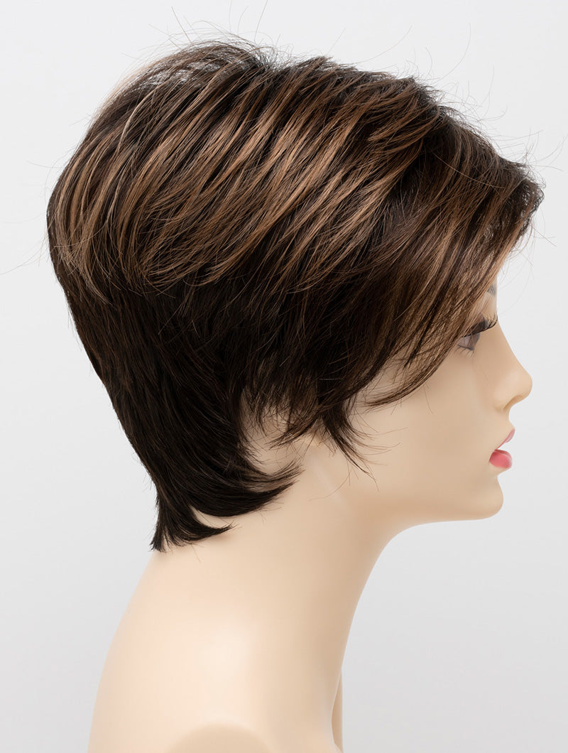 profile side of a short Kinner Beauty Wigs wig on woman head