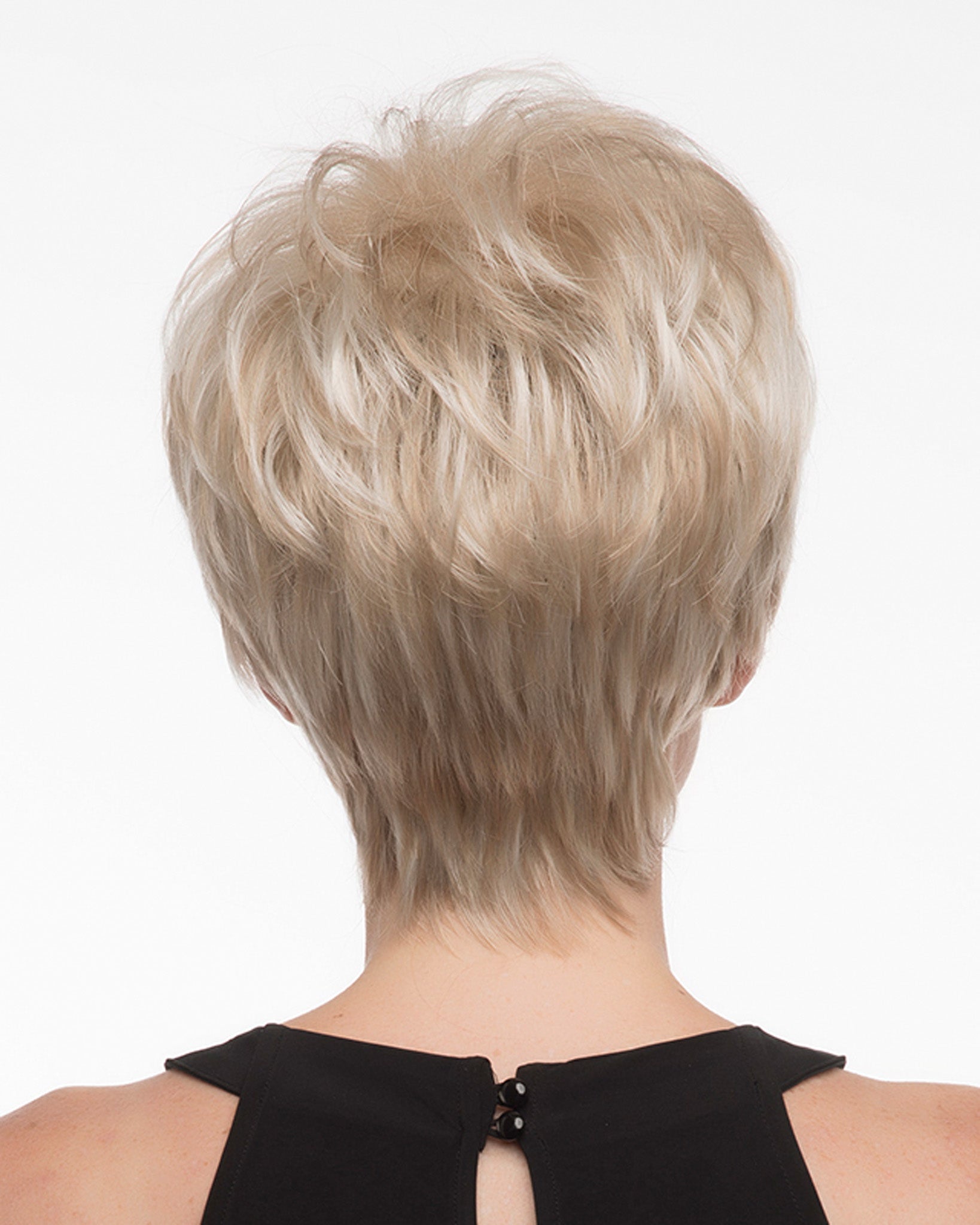 back side of a short Kinner Beauty Wigs wig on woman head