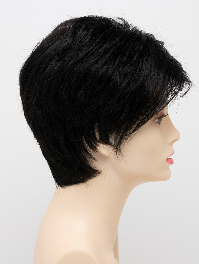 profile side of a short Kinner Beauty Wigs wig on woman head