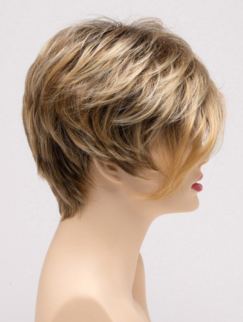 profile side of a short Kinner Beauty Wigs wig on woman head