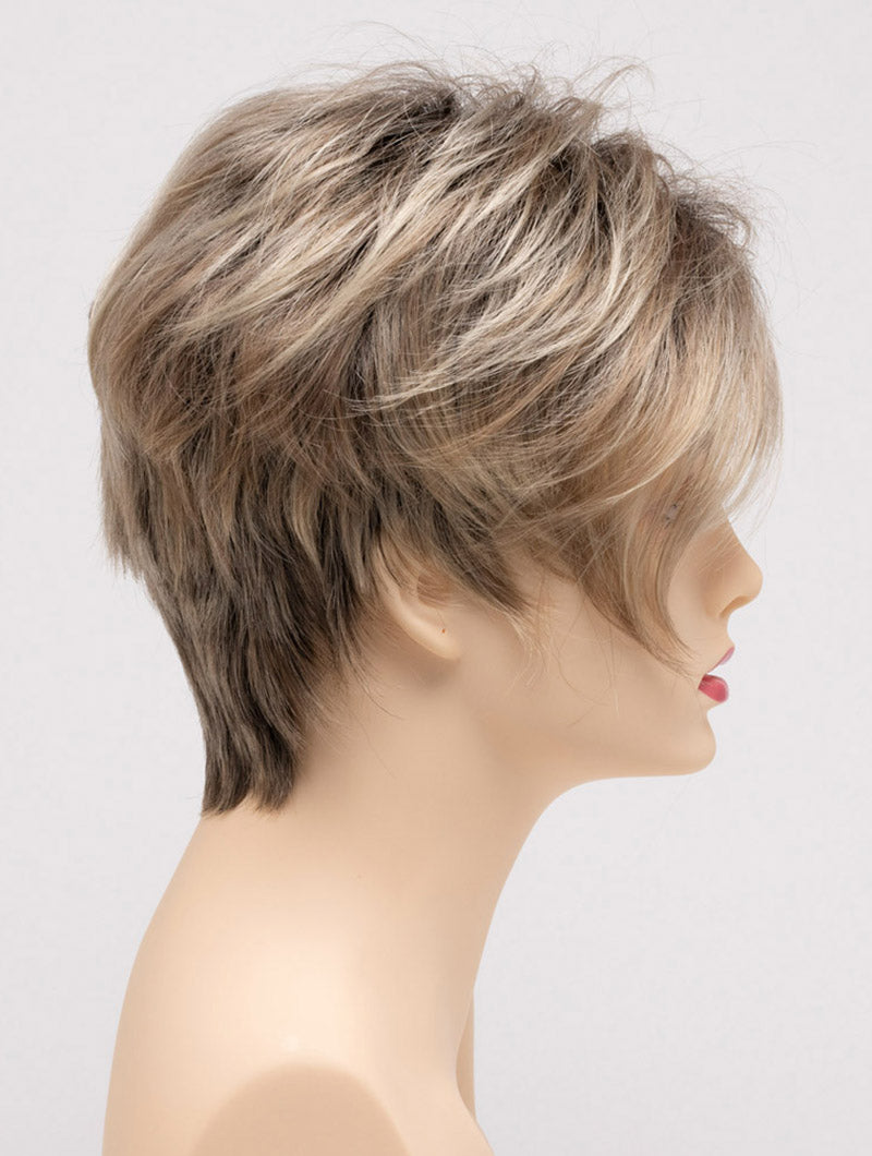 profile side of a short Kinner Beauty Wigs wig on woman head