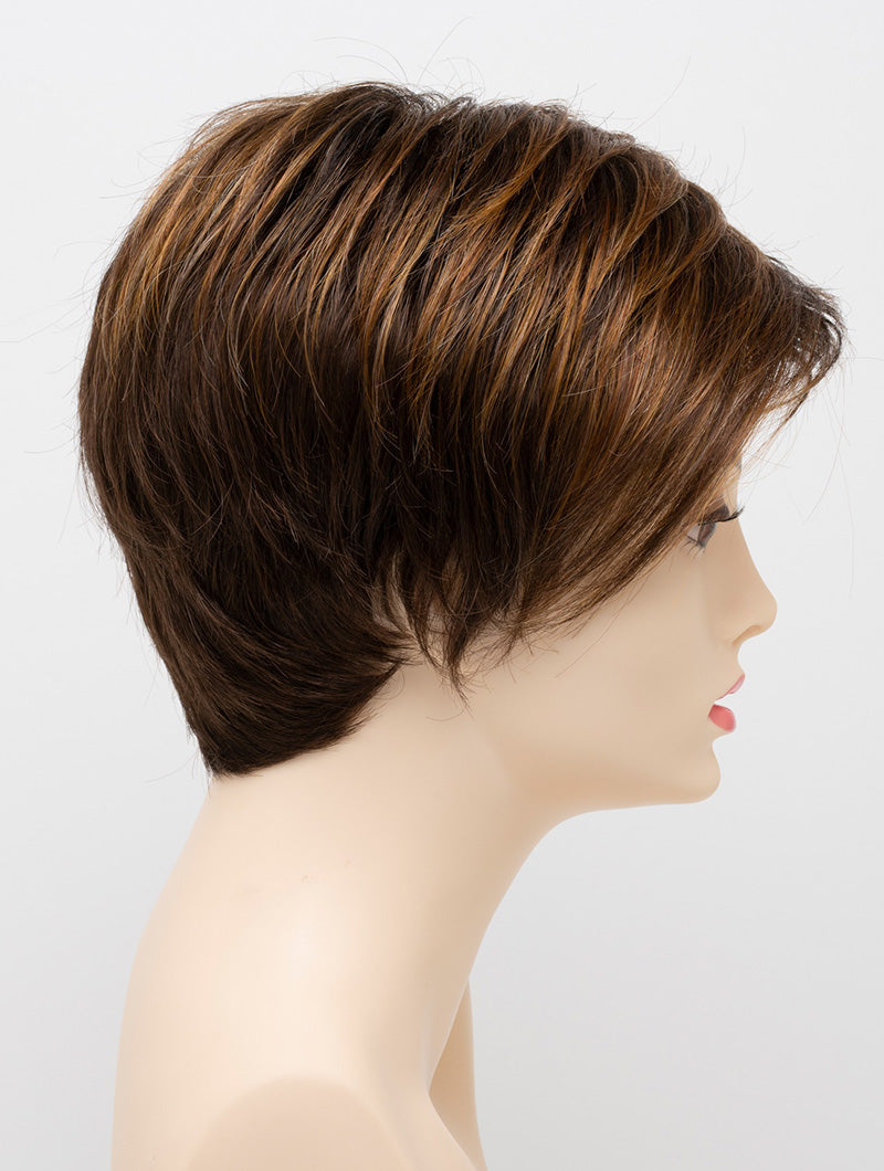 profile side of a short Kinner Beauty Wigs wig on woman head