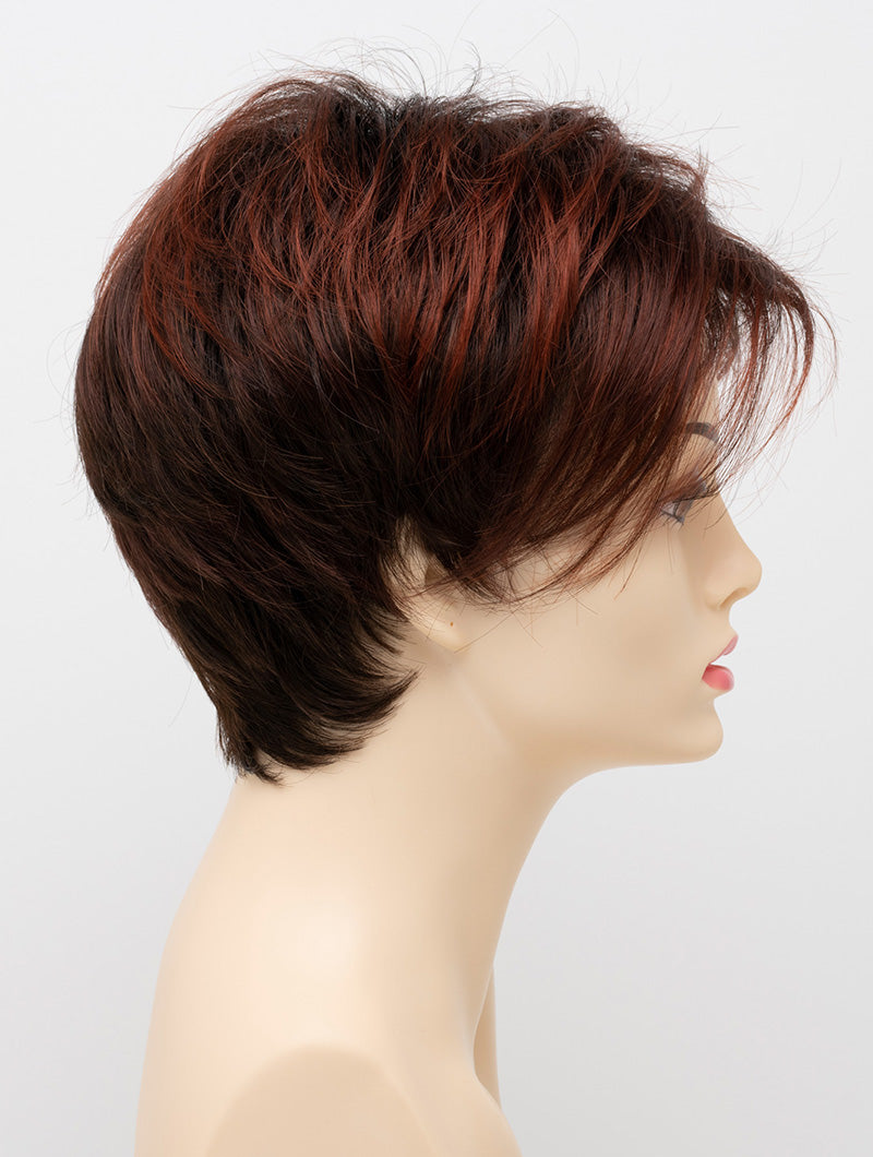 profile side of a short Kinner Beauty Wigs wig on woman head