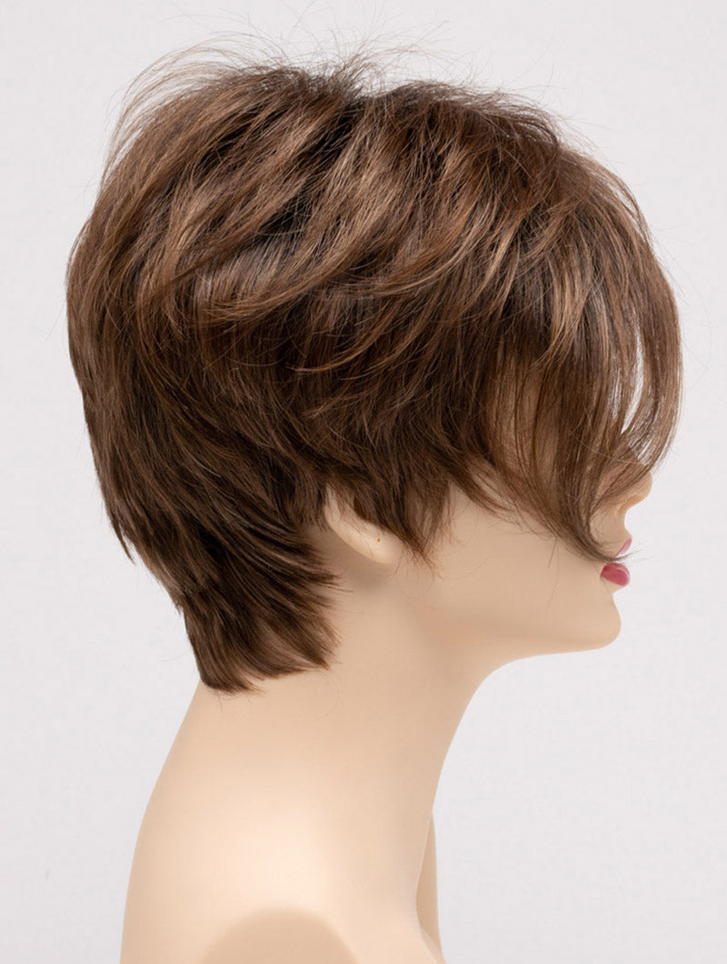 profile side of a short Kinner Beauty Wigs wig on woman head