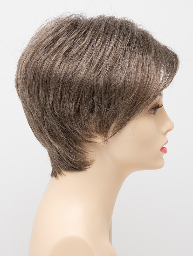 profile side of a short Kinner Beauty Wigs wig on woman head