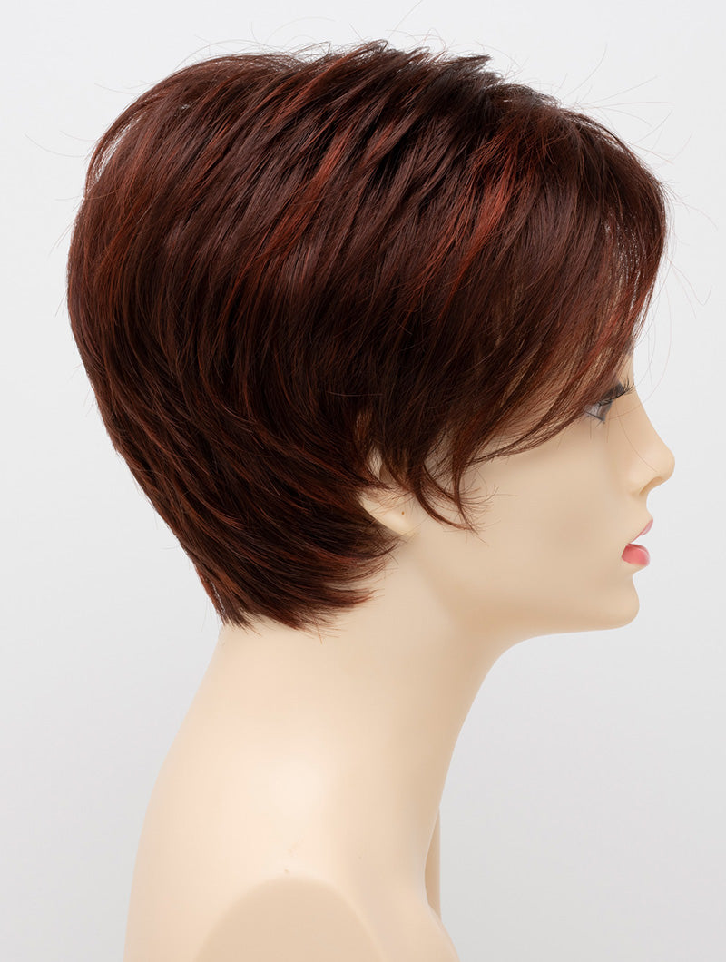 profile side of a short Kinner Beauty Wigs wig on woman head