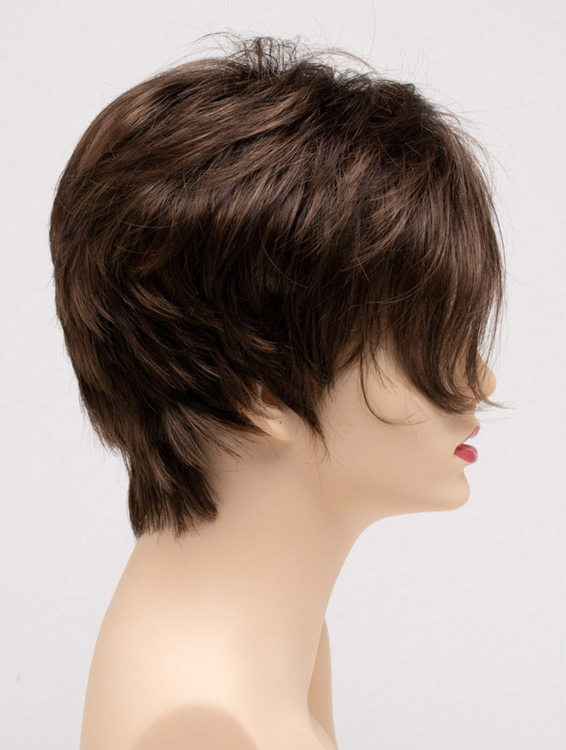 profile side of a short Kinner Beauty Wigs wig on woman head