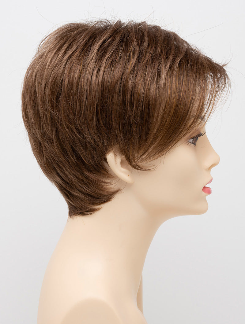 profile side of a short Kinner Beauty Wigs wig on woman head