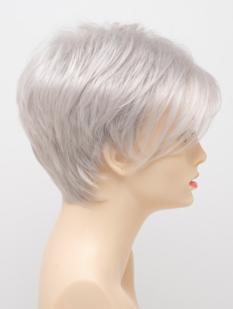 profile side of a short Kinner Beauty Wigs wig on woman head