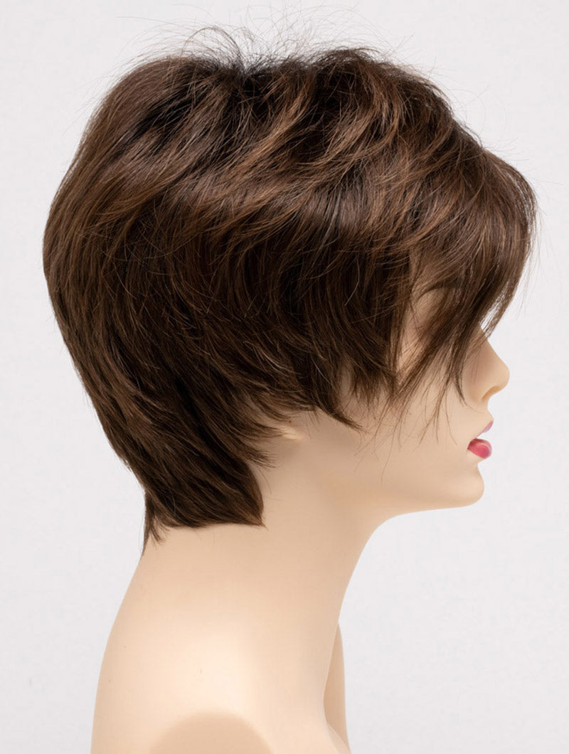 profile side of a short Kinner Beauty Wigs wig on woman head